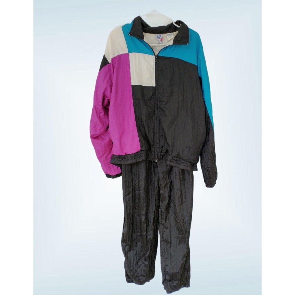 Vintage Colorblock Windbreaker Tracksuit - Black, Teal & Magenta